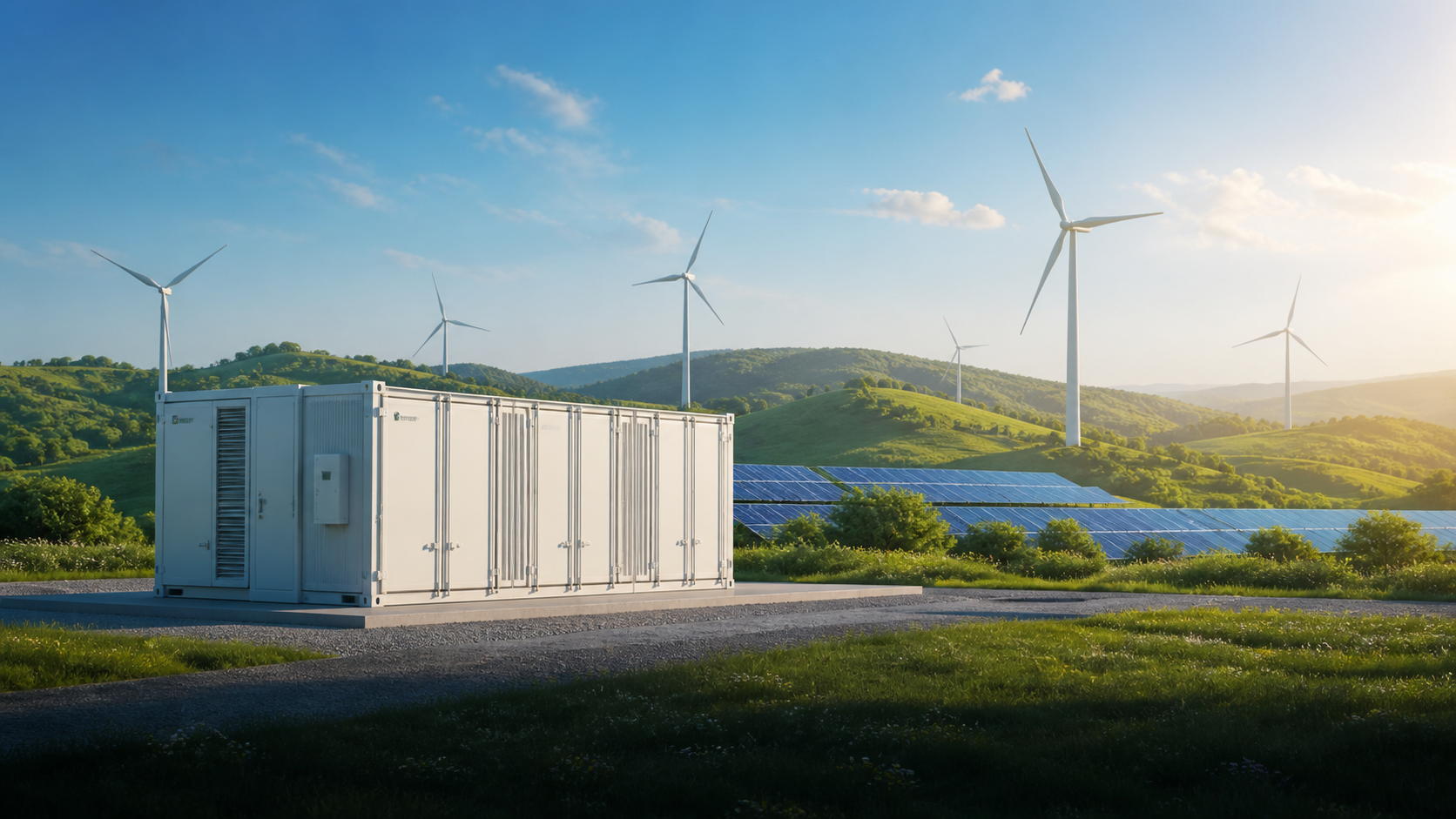 Battery energy storage, solar panels, and wind turbines